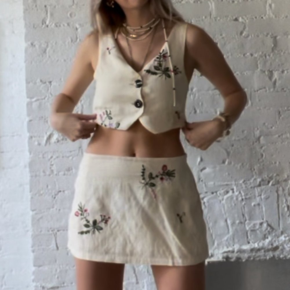 Floral Embroidered Button Up Vest Style Crop Top with Mini Skirt - TWO PIECE SET